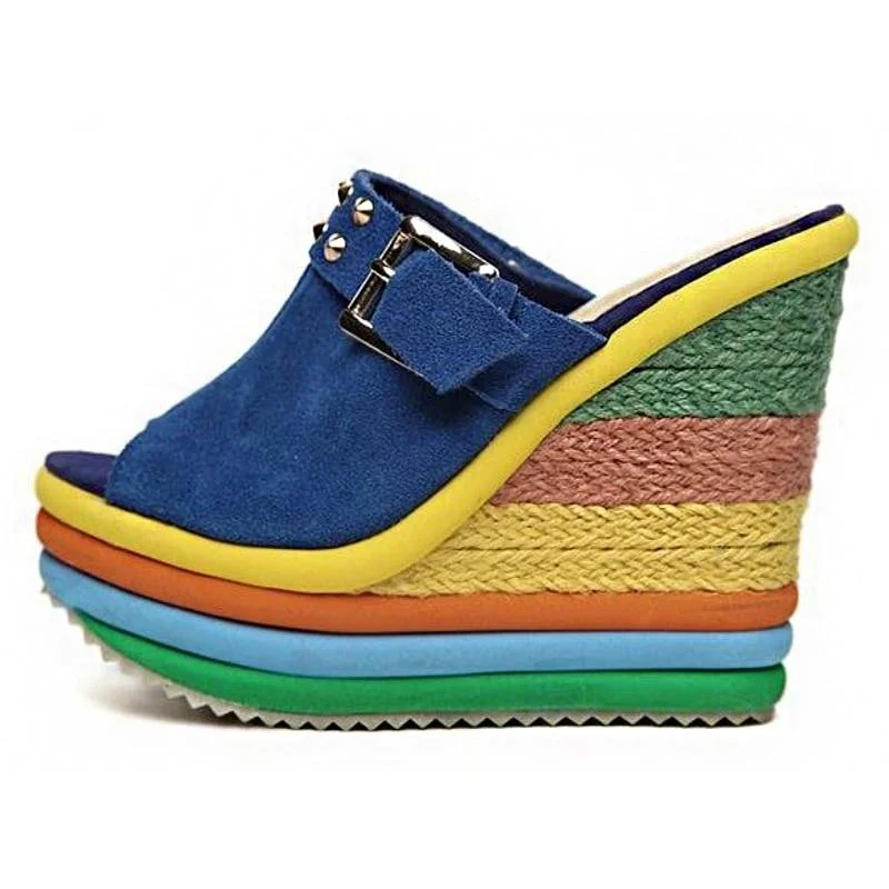 2021 Summer New Platform Wedge Sandals For Women's With Metal Decoration Rainbow Color Weave Fish Mouth High Heels Shoes