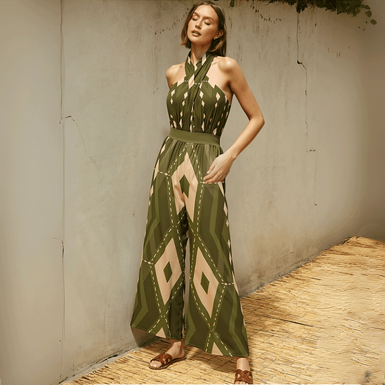 Halter Neck Geometric Pattern Print One Piece Swimsuit and Pants