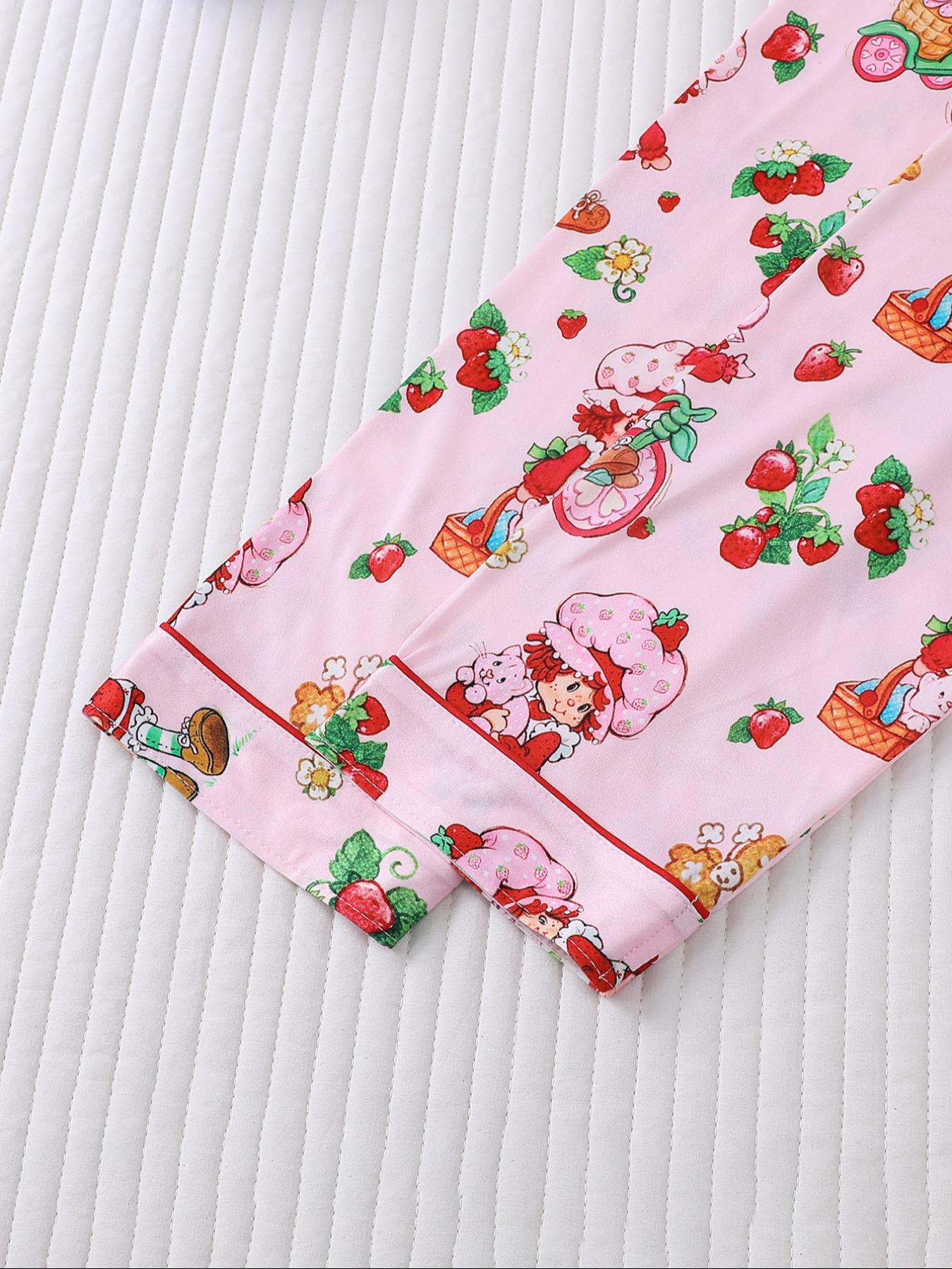 Women's Cute Strawberry Pattern Print Sleepwear Set, Long-Sleeve Button-Up Top & Elastic-Waist Pants, Casual Fall Winter Pajamas Pjs, Comfortable Home Wear Loungewear