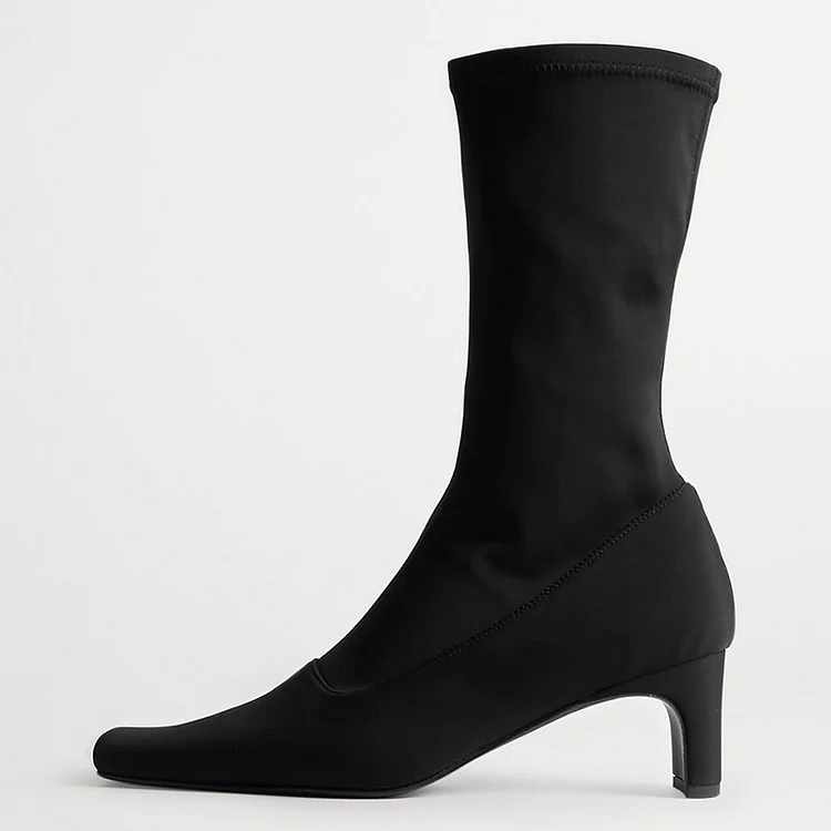 Black Square Toe Chunky Mid-Calf Boots Vdcoo