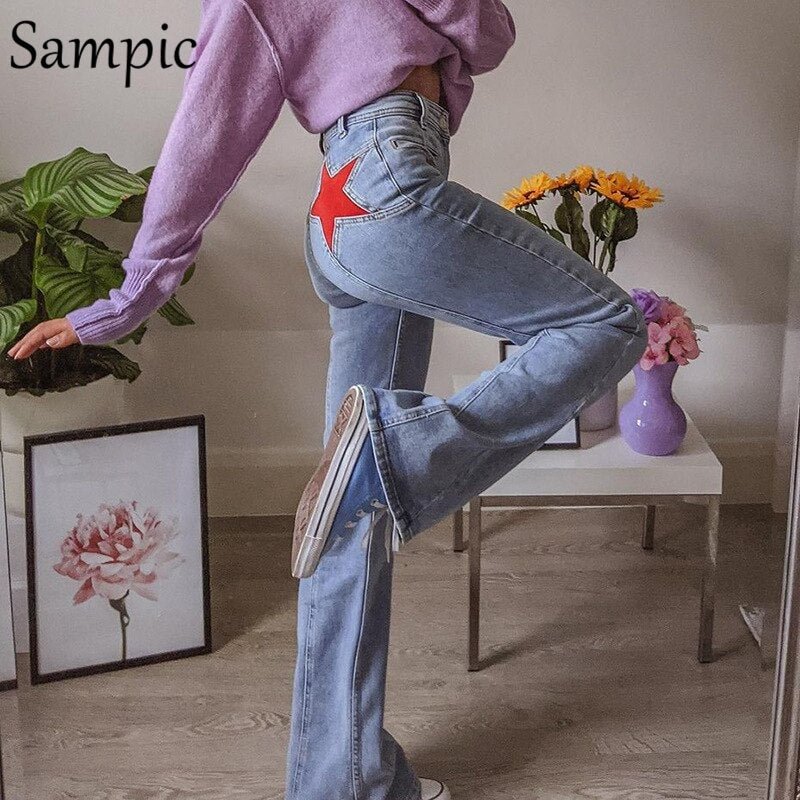 Sampic Fashion 90s Vintage Y2K High Waisted Jeans Streetwear Harajuku Women Loose 2021 Print Long Trousers Wide Leg Denim Pants