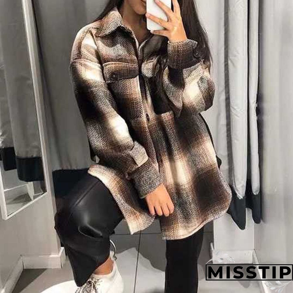 Classic Thick Colorblock Checked Button Down Shirt Jacket Woolen