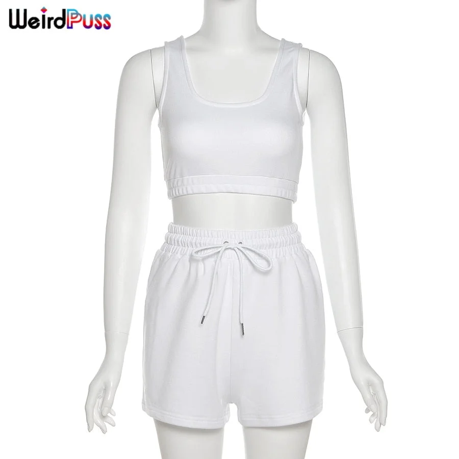 Weird Puss 2 Piece Sets Women Casual Cotton Tracksuit Fitness Tank Top Drawstring Shorts Activity Stretchy Summer Street Outfits