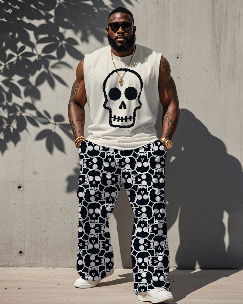 Men's Plus Size Street Fashion Simple Line Skull Print Vest Trousers Suit