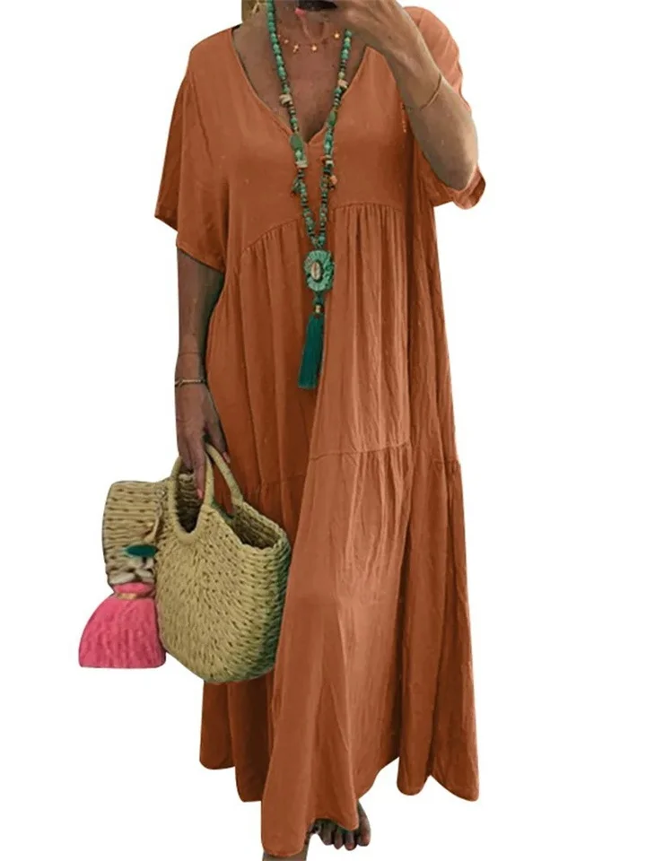 Summer Women's New V-neck Irregular Long Swing Solid Color Dresses-JRSEE