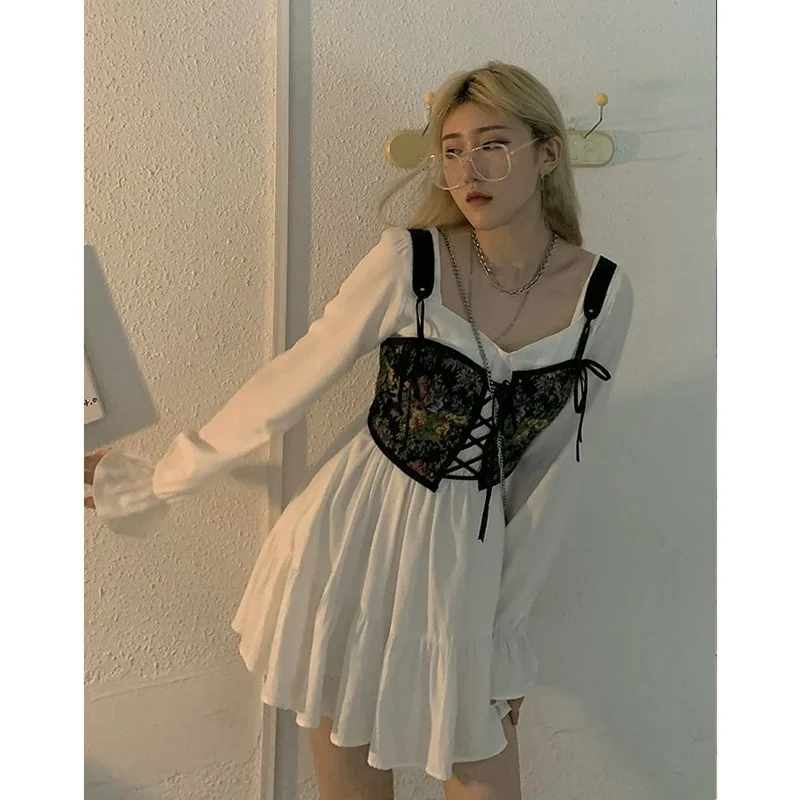 Woherb Sleeve 2 Piece Dress Set Women Korean Fashion Vintage Floral Vest + Elegant Y2k Mini Dress 2023 Autumn Casual Kawaii Dress-Outfit Ideas