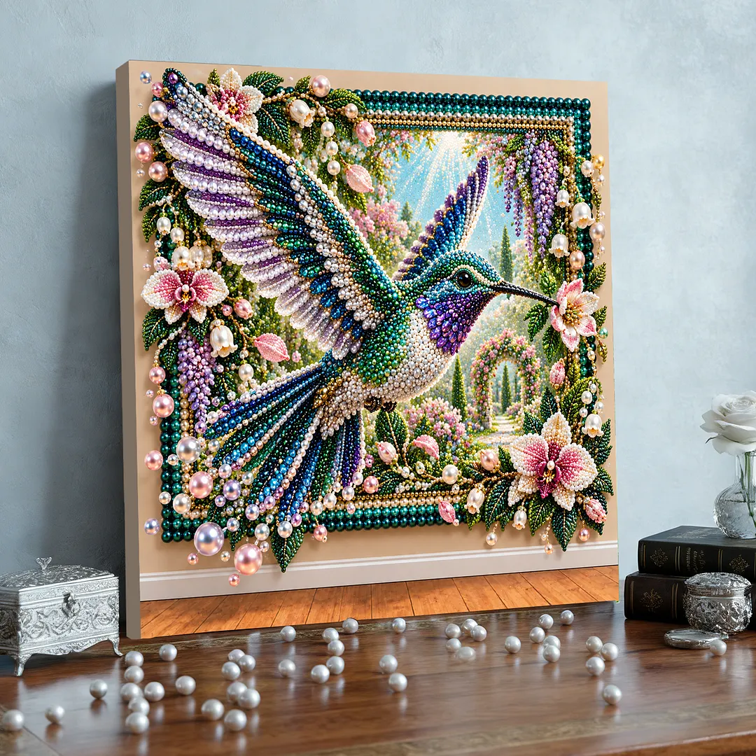 Framed Pearl Painting Kit Hummingbird Garden for Adults 12x12in