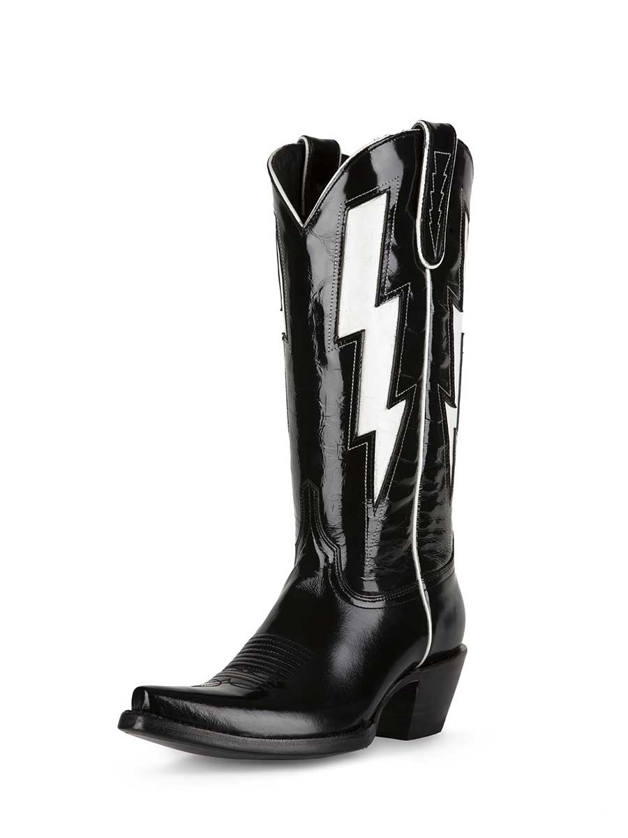 Black Patent Leather Lightning Patchwork Chunky Heel Cowgirl Boots