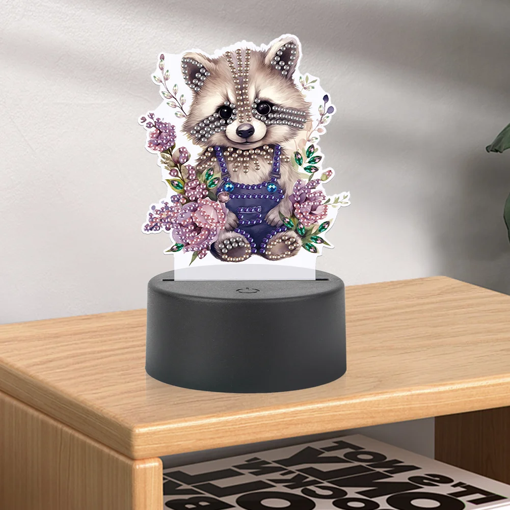 5D DIY Acrylic Raccoon Double Sided Diamond Painting LED Night Light for Adults