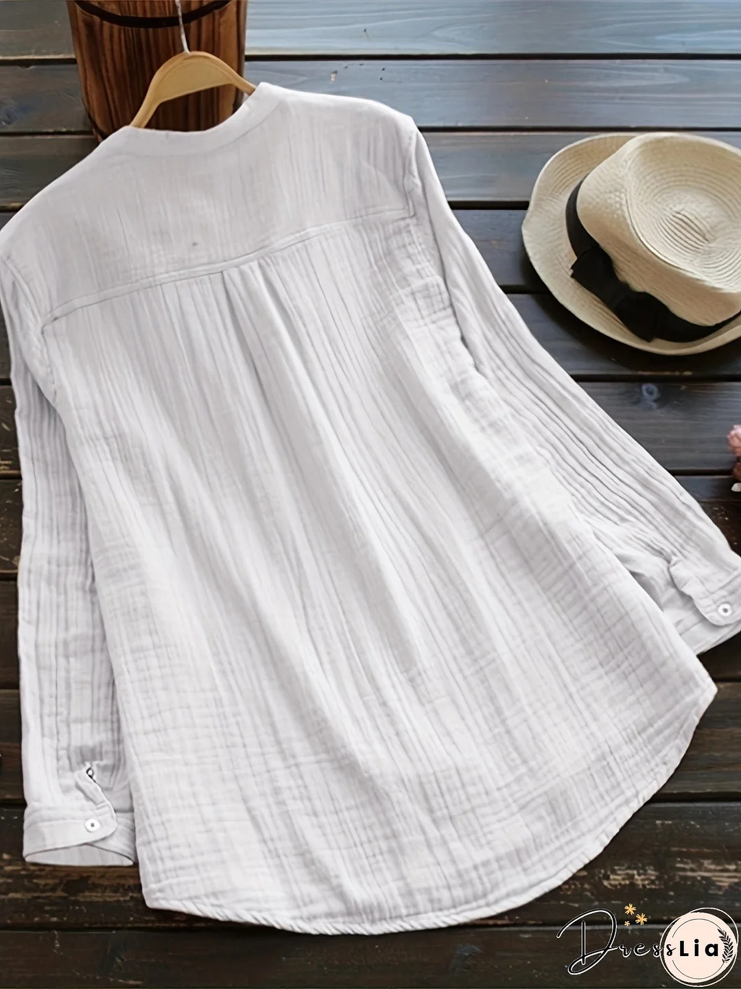 Plus Size Casual Blouse, Women's Plus Solid Long Sleeve Notched Neck Ruched Back Round Hem Slight Stretch Henley Blouse With Pocket