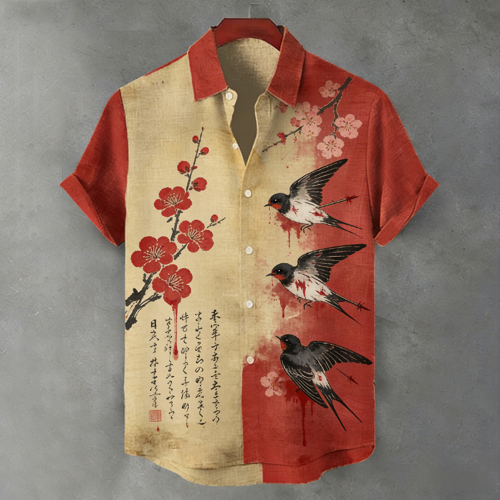 Japanese Art Swallow And Plum Blossom Printed Short Sleeve Shirt elevenforest