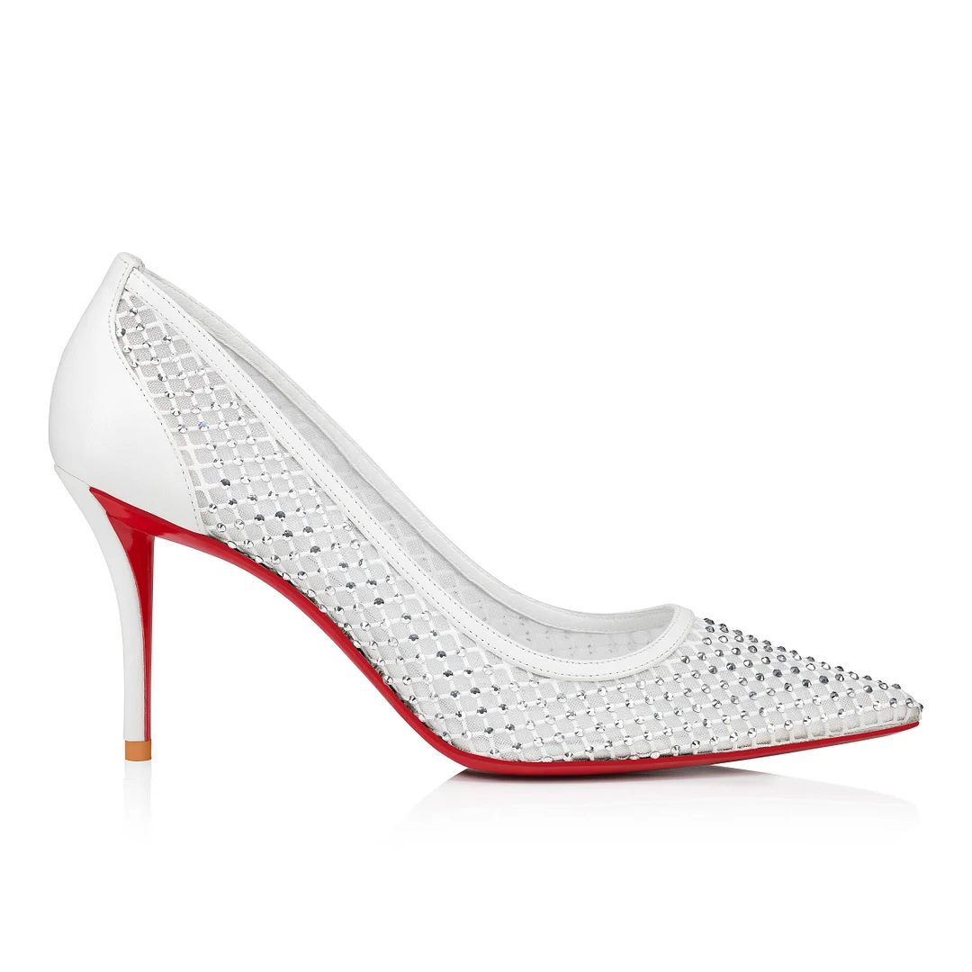 90mm Women's Pointed Toe Kitten Heels  Red Bottom Apostropha Strass Mesh Stiletto Pumps-MERUMOTE