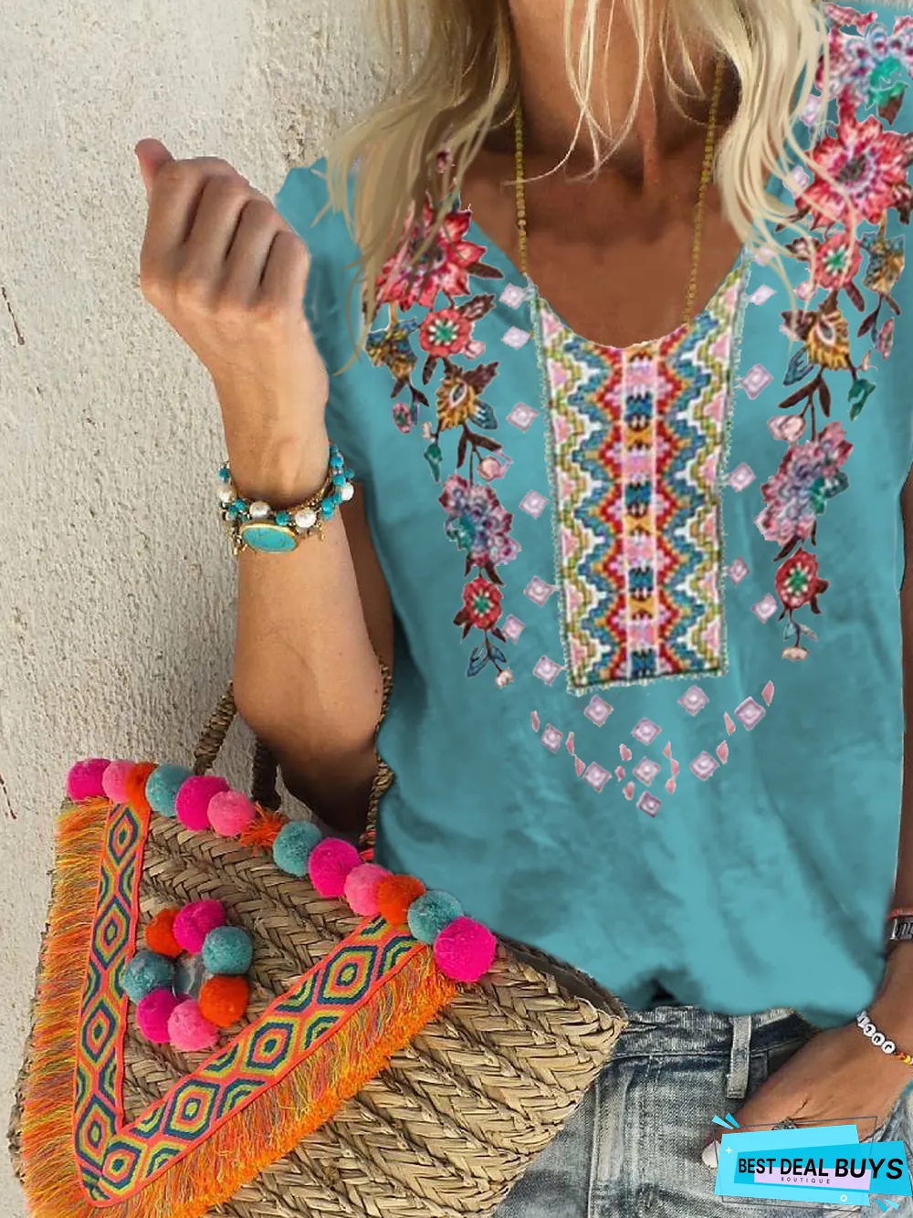 Floral V Neck Cotton Vintage T-shirt