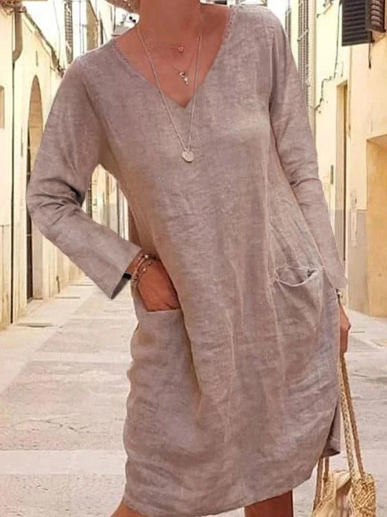 Women's Dresses Solid V-Neck Pocket Long Sleeve Dress