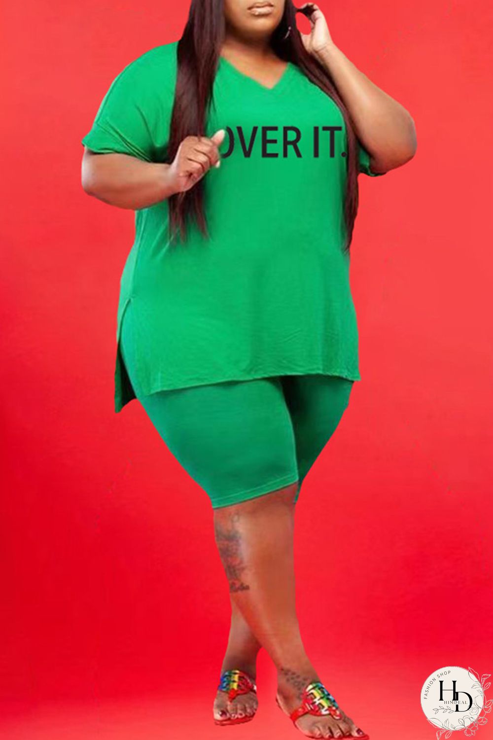 Black Fashion Casual Letter Print Slit V Neck Plus Size Two Pieces