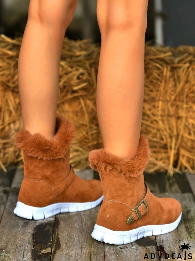 Contrast Fluffy Faux Suede Buckle Decor Snow Boots