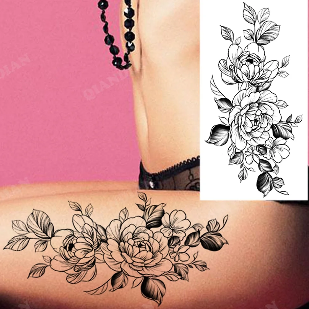 Black Flower Temporary Tattoos Sticker Arm Sleeve Rose Moon Butterfly Snake Henna Body Decorate Realistic Fake 3D Women Totem