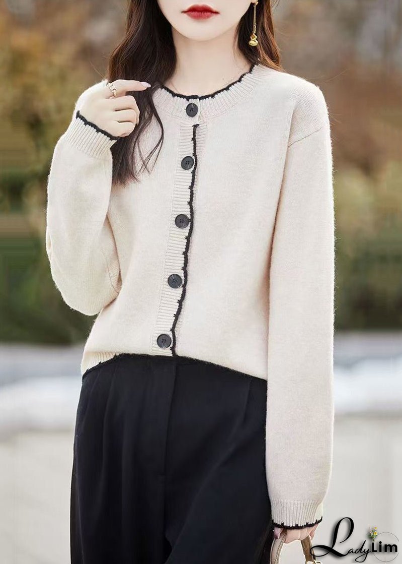 Classy Beige O Neck Button Wool Knit Cardigans Fall