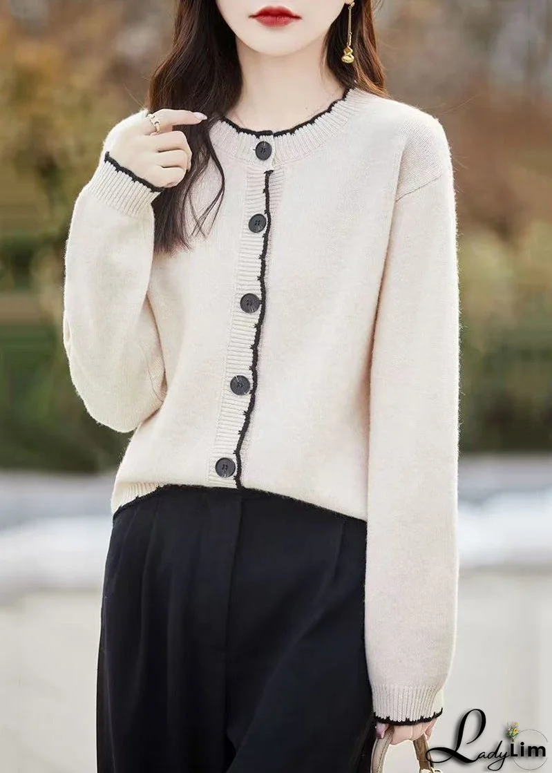Classy Beige O Neck Button Wool Knit Cardigans Fall
