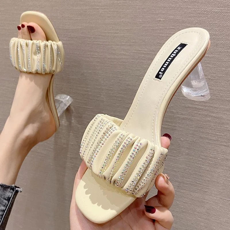 One word with rhinestones high-heel square-toe thick-heel slippers