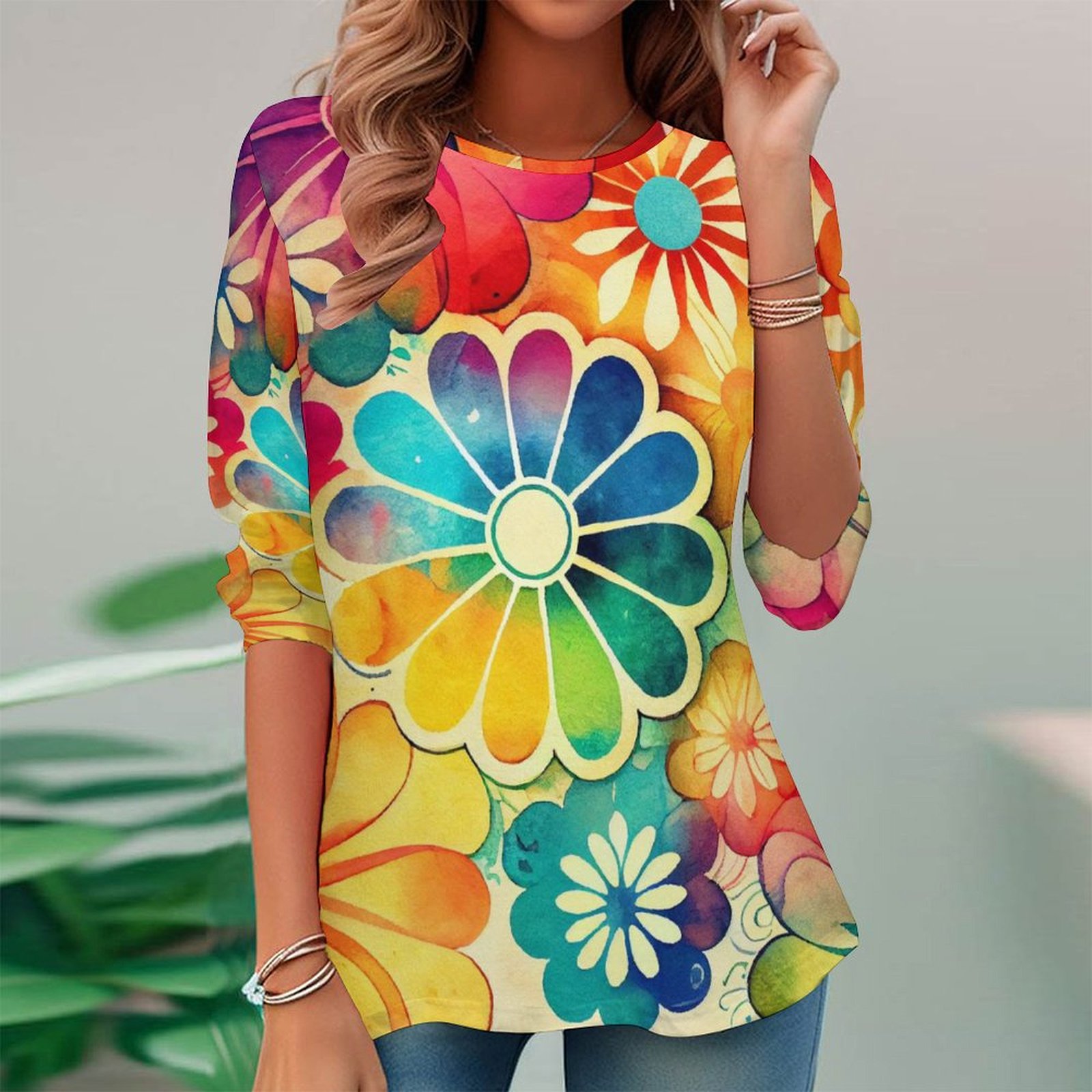 Women Long Sleeve V-neck Graphic Floral Printed Top
