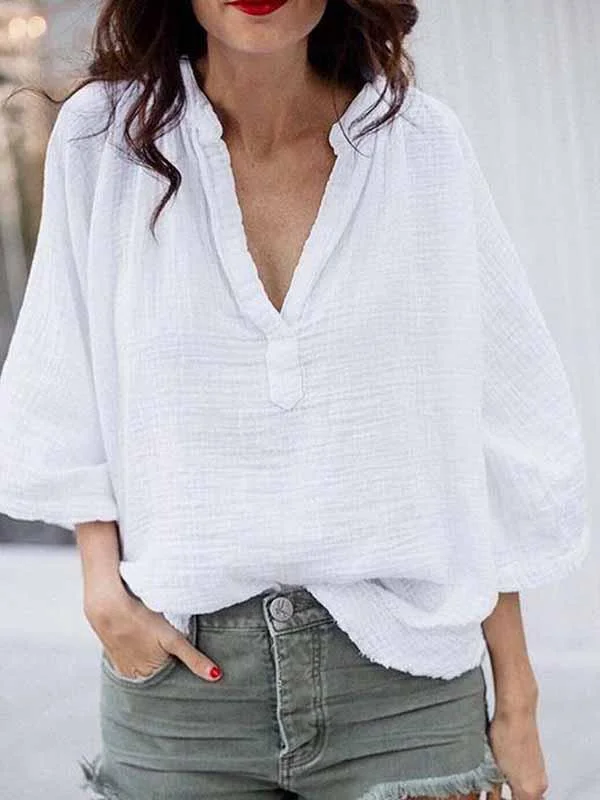 Solid Color Collar Linen Top-Mayoulove