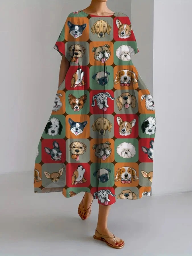 Women's Funny Dog Print Casual Loose Dress (With Pockets On Both Sides)