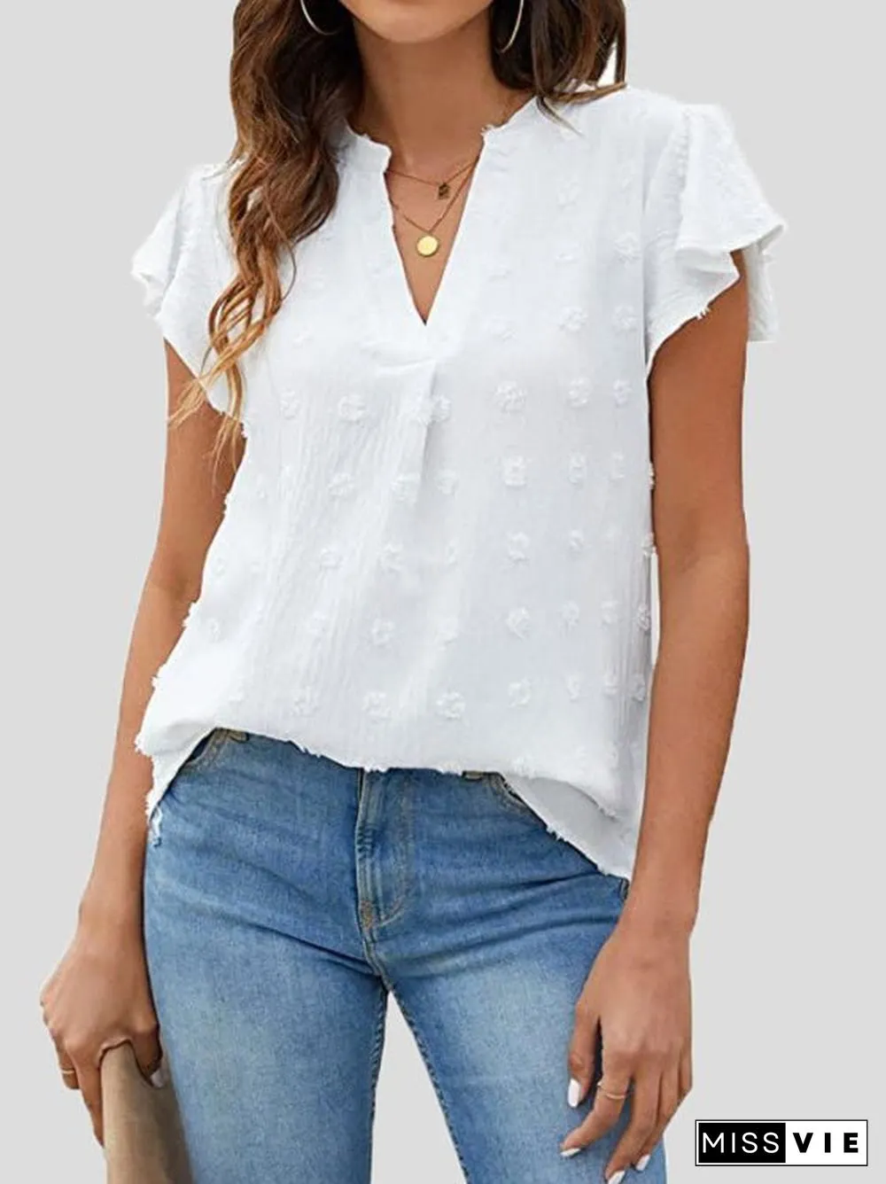 Women'S T-Shirts Dot Ruffle Sleeve V-Neck Chiffon T-Shirt