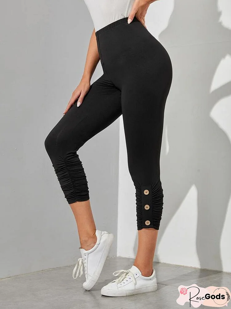 Basics Button Casual Plain Leggings