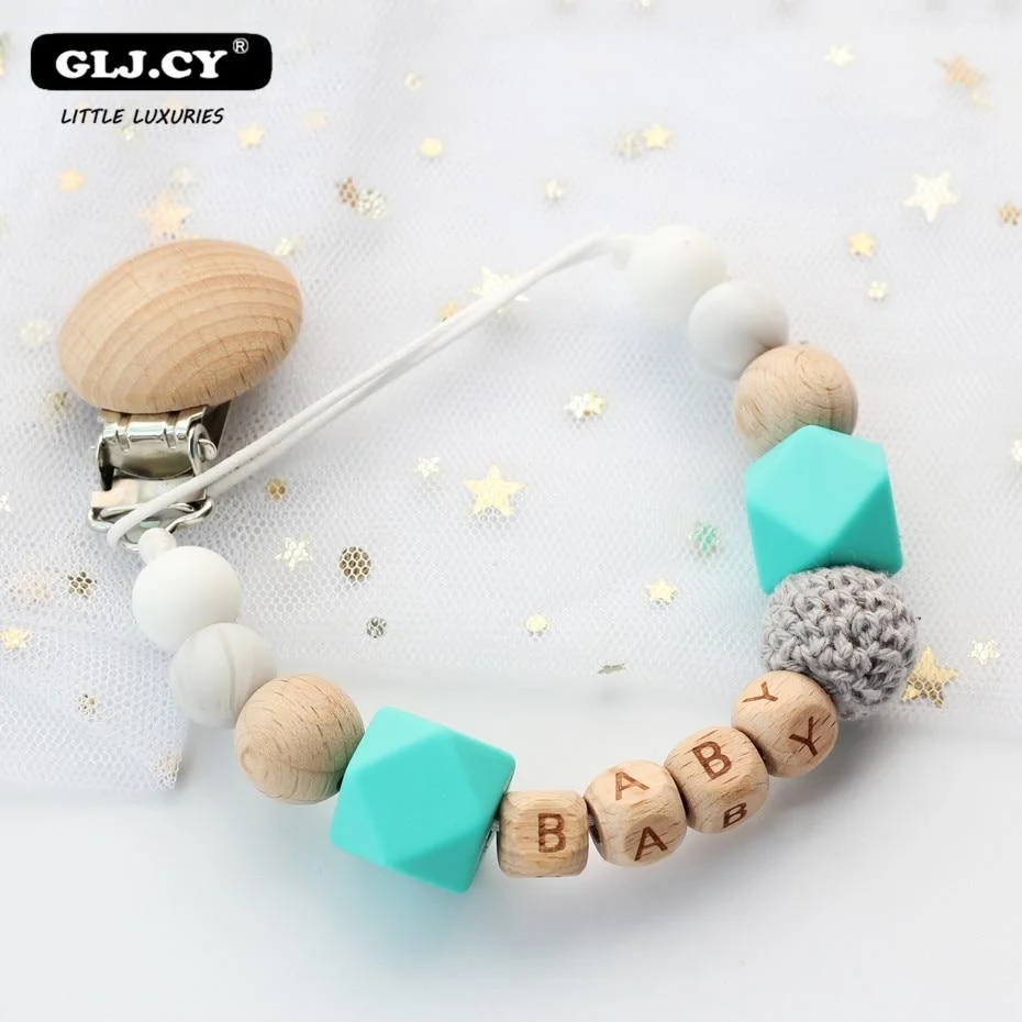 Personalized Name Handmade Silicone Baby Wooden Dummy Pacifier clip Safe Teething Chain Teether Pacifier  chains Holder Chain