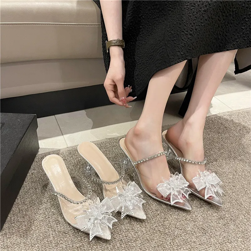 Breakj Breakj Female Fairy Wind 2025 Summer Fashion Outside Wearing Pointed Water Drill Side Transparent Word With Fine And Slippers