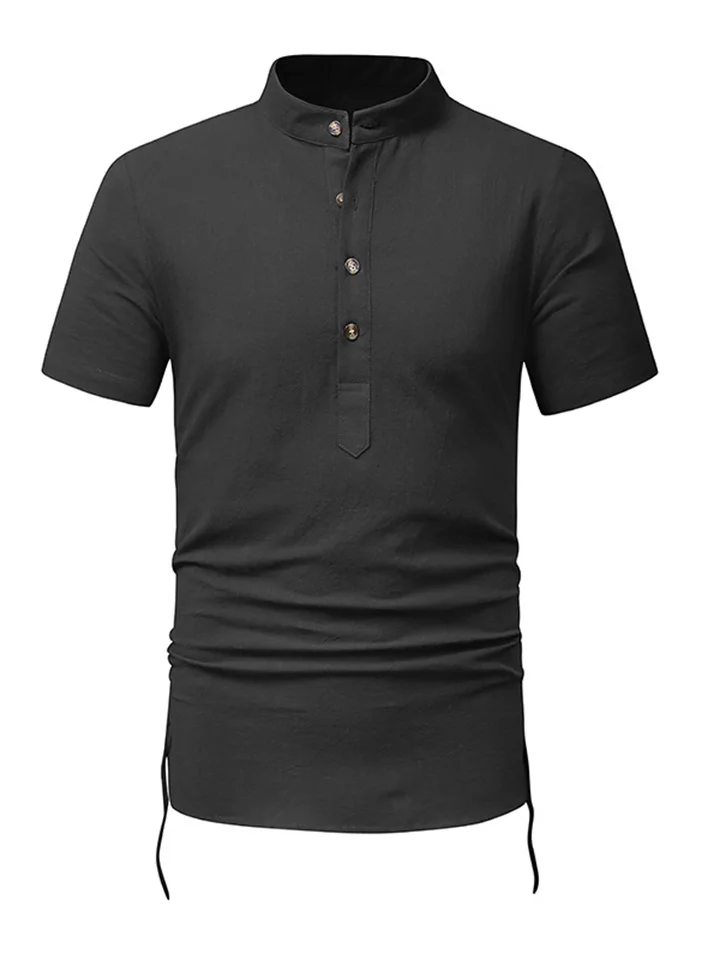 Mens Cotton Linen Henley Collar Beach Shirt Men's Casual Solid Color Shirt White Black Khaki Blue-Cosfine