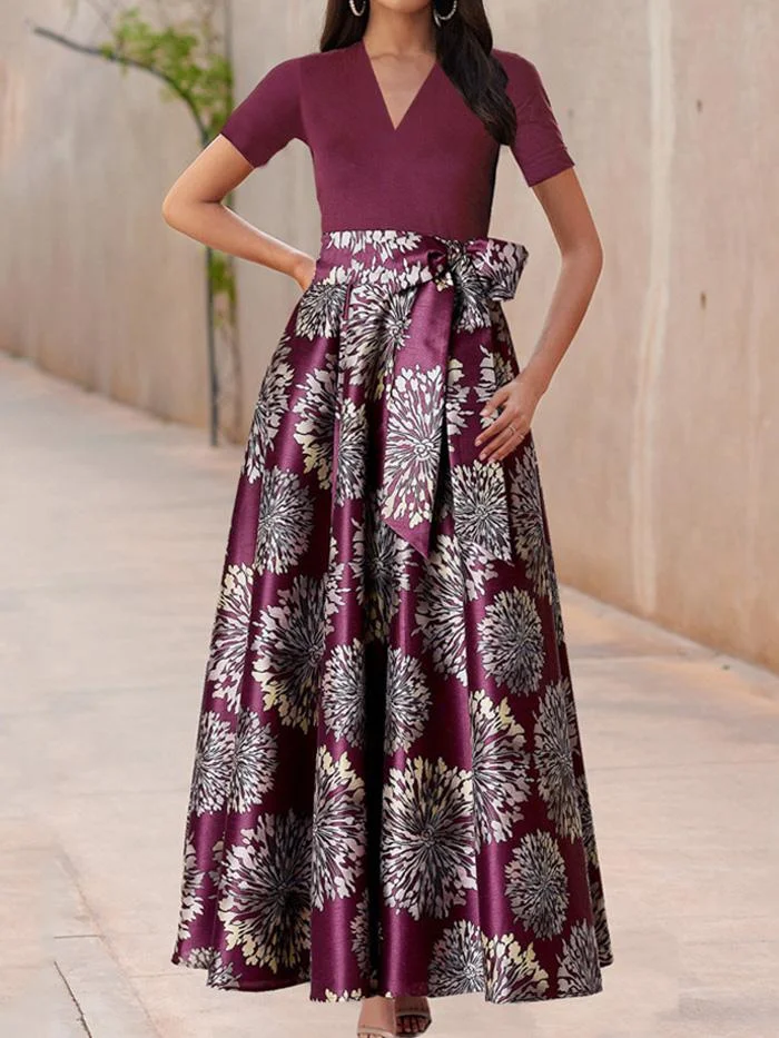 Contrasting Short-sleeved V-neck Print Dress