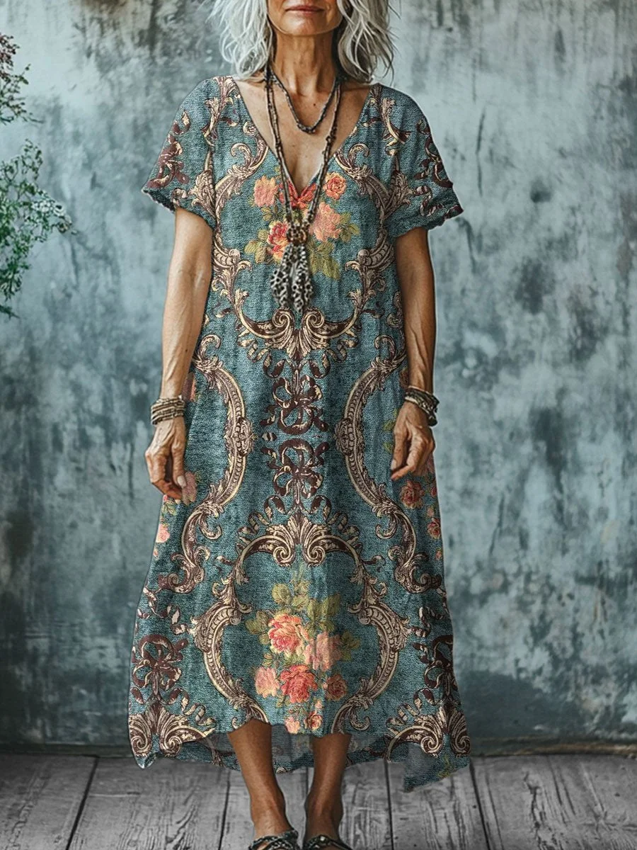 Women's  Vintage Symmetry Art Print Pocket Cotton Dress