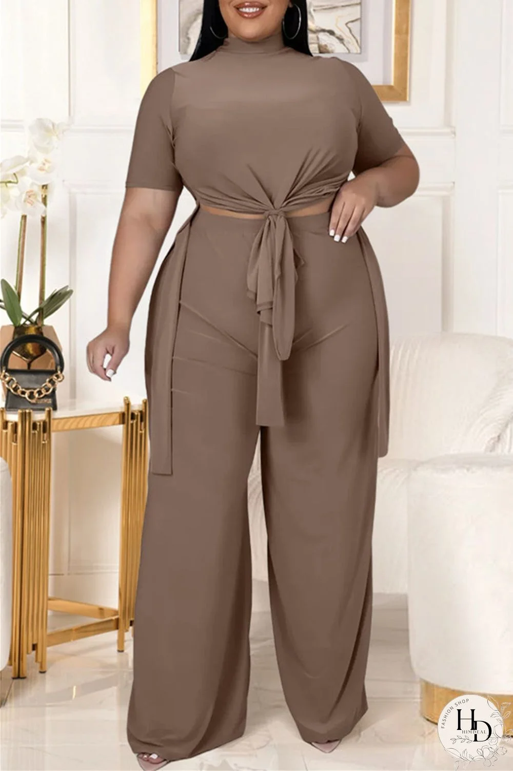 Brownness Fashion Casual Solid Bandage Slit Turtleneck Plus Size Two Pieces