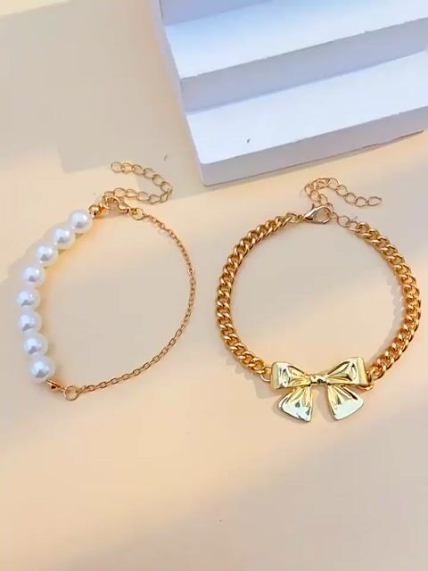 Ribbon pearl two-strand gold-plated bracelet