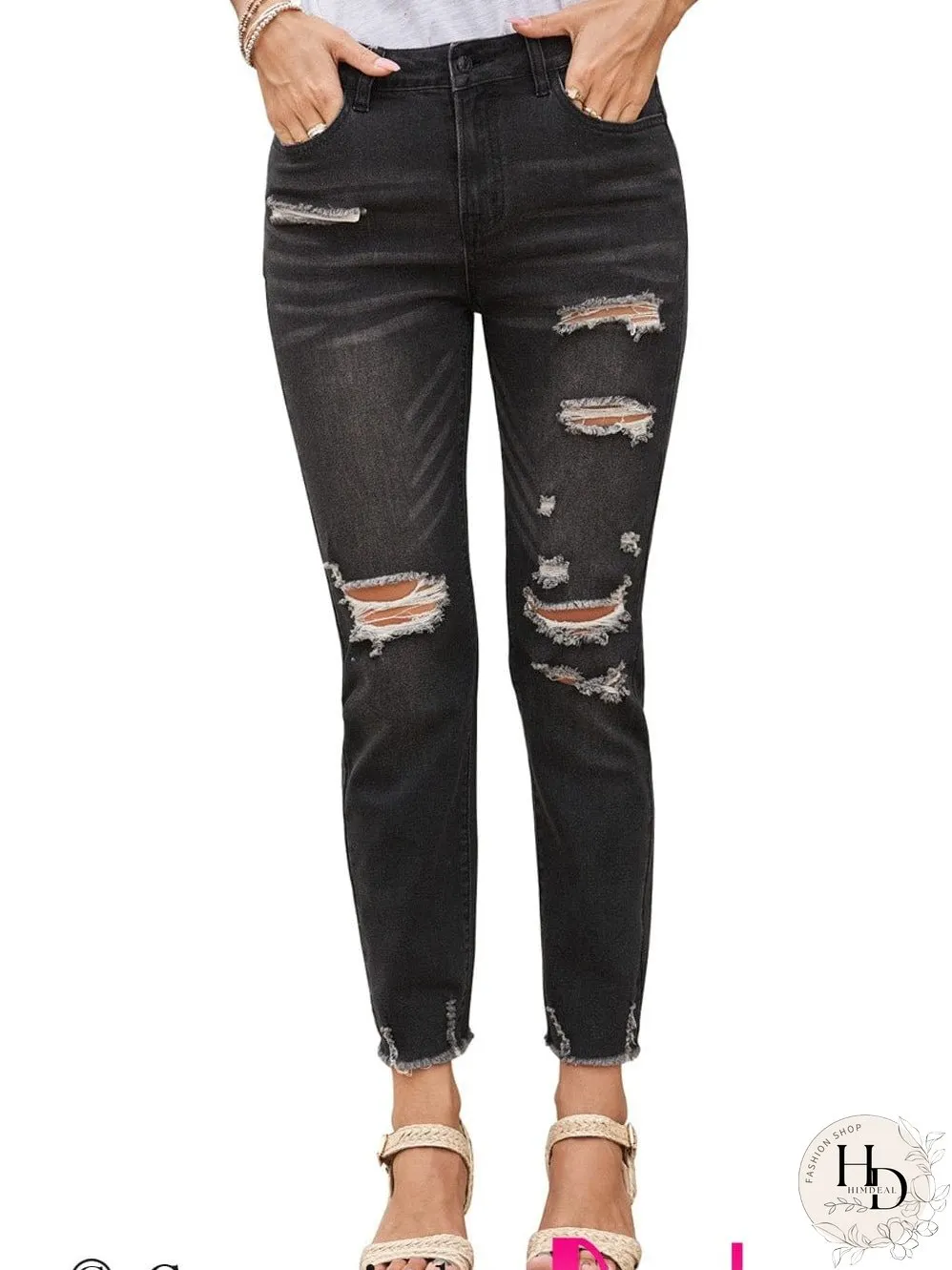 Retro Distressed Straight Leg Black Denim Jeans