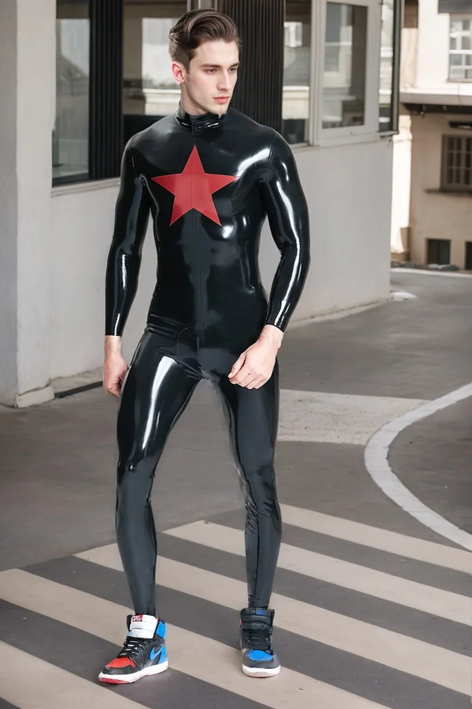 Men Latex Catsuits Male Star  Struck Catsuit Five  pointed Star Pattern Classic Catsuit - Black & Red