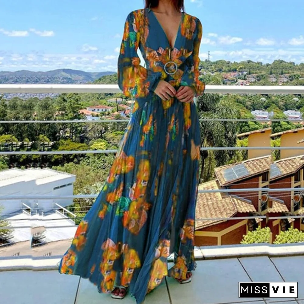 Sexy V-neck Split Boho Holiday Long Dress Spring Autumn Casual Long Sleeve Pleated Dress Elegant Vintage Printed Chiffon Dresses