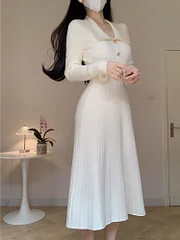 Cardcake gold prom dresses 2025 New Autumn Chic Knitted Dresses for Women Solid Slim Elegant High Waist A Line Korean Sweater Dress Winter Female Knitwear