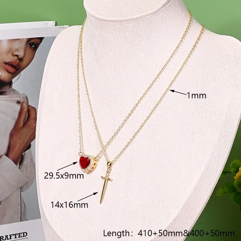 Classical Minimalist Classic Style Sword Heart Shape Simple Copper Zircon 18K Gold Plated Polishing Inlay Pendant Necklace