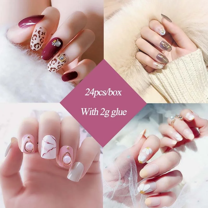 24pcs Bean Paste Color Decor Flower Full Cover Wedding Bride Full Nails Tips Artificial Nails Art Patches With Glue For Girls-Nail Inspo