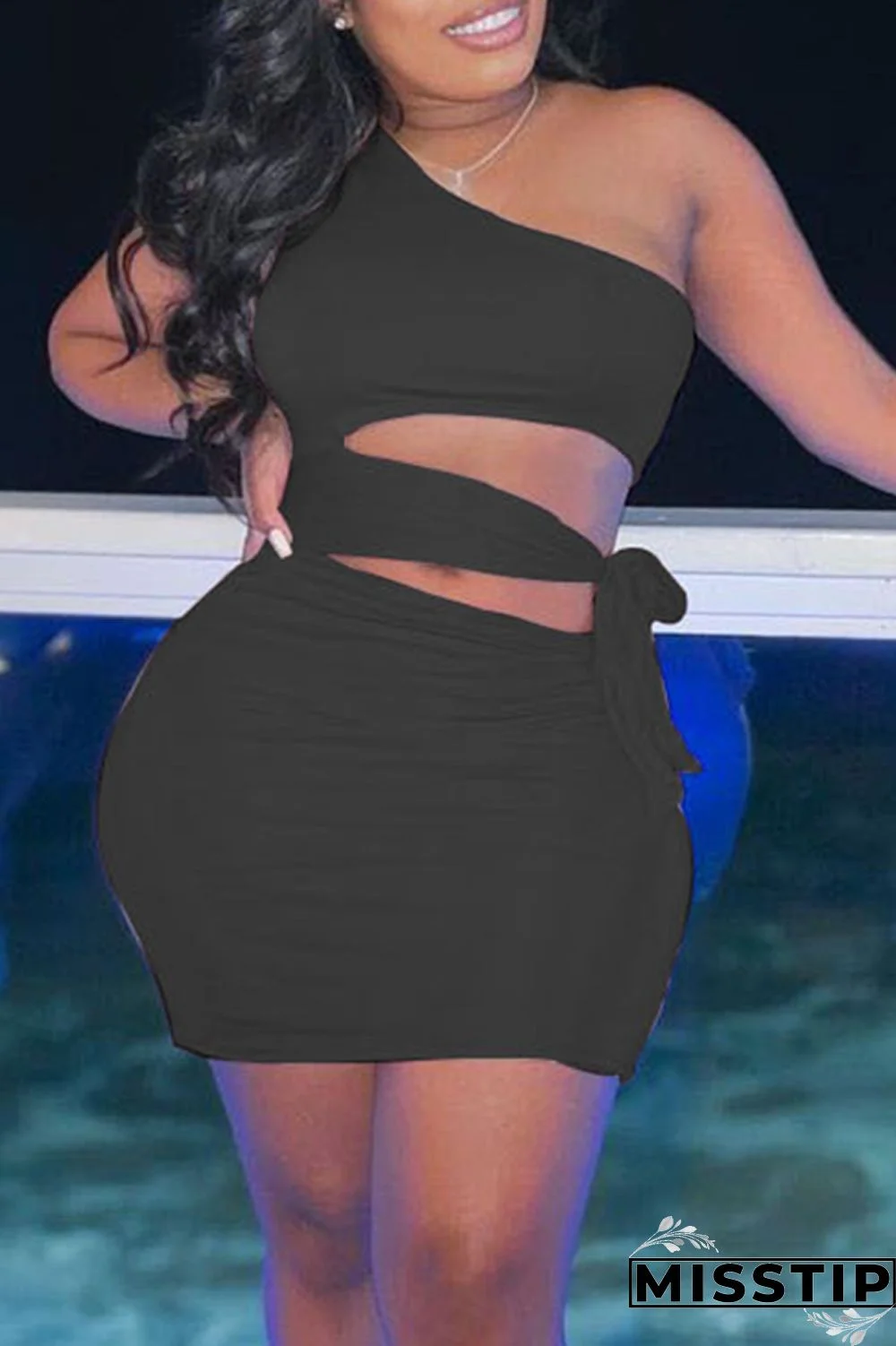 Black Fashion Sexy Solid Hollowed Out Backless One Shoulder Sleeveless Dress