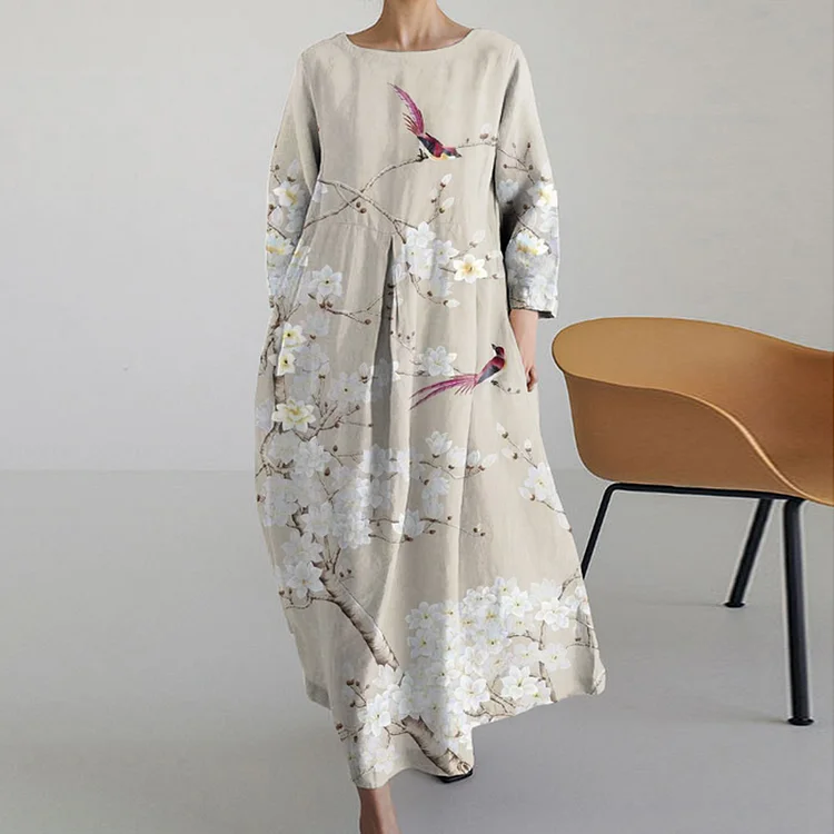 Wearshes Floral Round Neck Long Sleeve Midi Dress