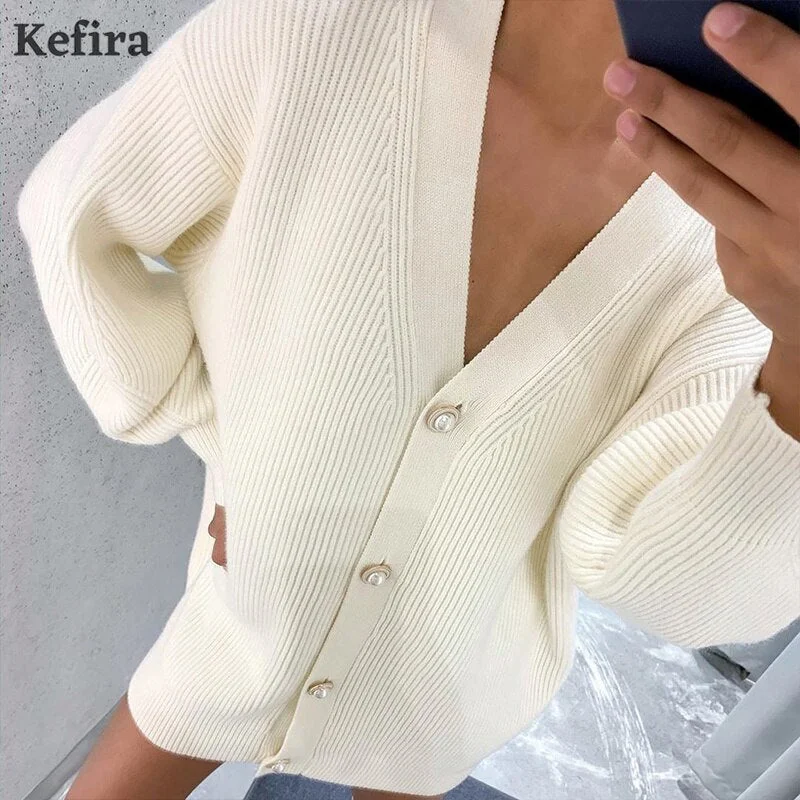 Kefira 2021 V Neck Cardigan For Women Knitted Long Sleeve Sweater Oversize Cardigan Autumn Winter Button Loose Casual Jumper