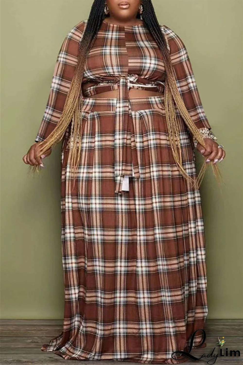 Khaki Fashion Casual Plaid Print Patchwork O Neck Plus Size Two Pieces