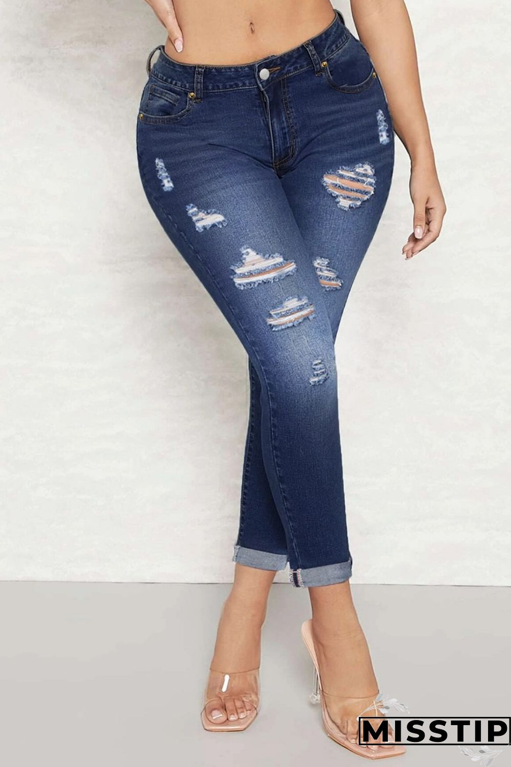 Deep Blue Casual Solid Ripped High Waist Skinny Denim Jeans