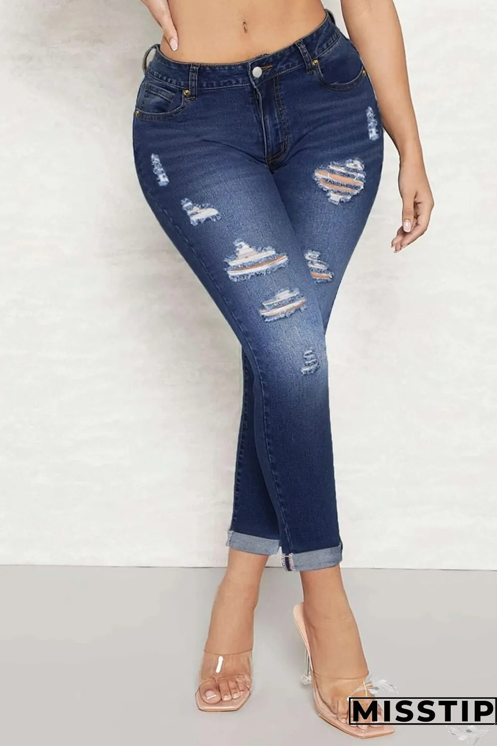 Deep Blue Casual Solid Ripped High Waist Skinny Denim Jeans