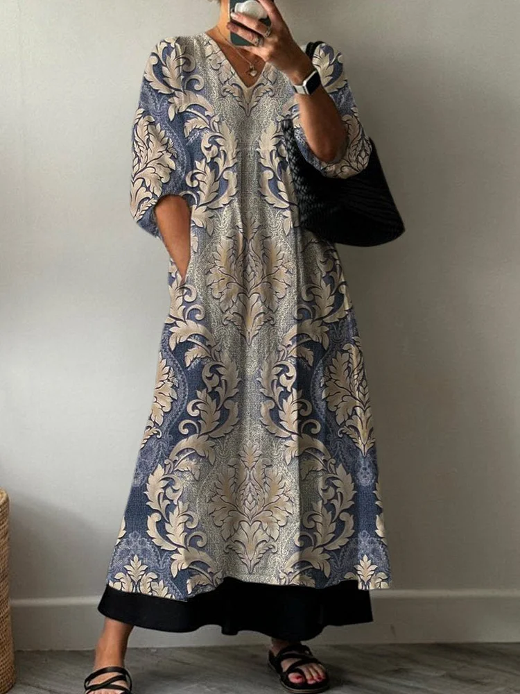 Women's Art Print Pocket V Neck Cotton Dress