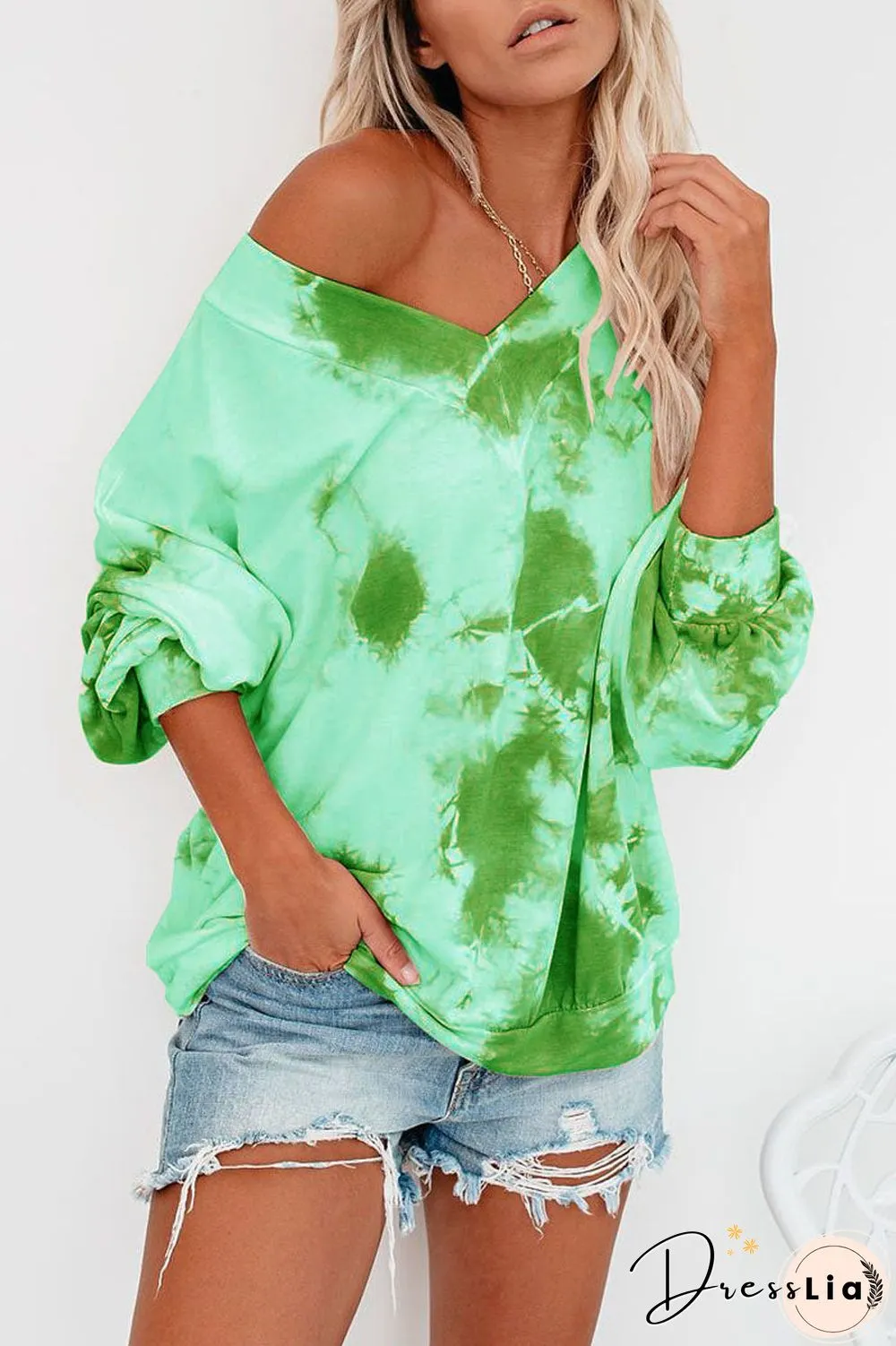 Tie Dye Skew Neck Long Sleeve Top